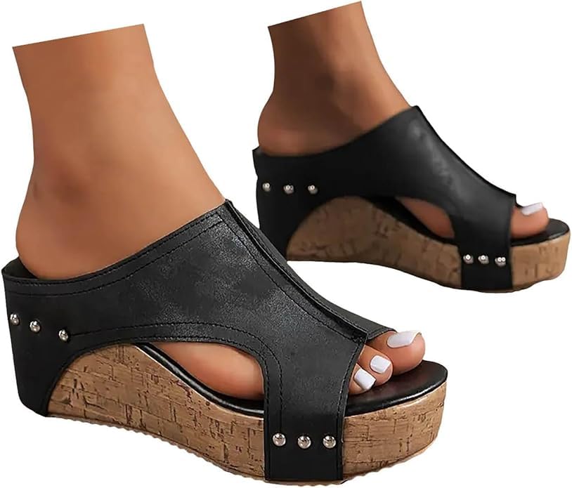 Women's Platform Wedge Sandals Open Toe Slip On Slides Cork Heeled Cutout Comfortable Slide Sandals Casual Dressy Summer Shoes