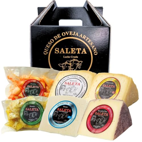SALETA® Cesta Quesos Gourmet Regalo | 4 Cuñas Queso Semicurado, Tierno, Ahumado y al Vino y 2 Bolsas de Queso Precortado Añejo en aceite de oliva al Romero y Pimentón | "Pack Caprichos 1,5Kg"