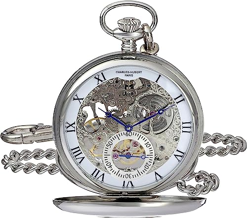 Charles Hubert 3972-W Men's Pocket Watch, Mechanical Hand Winding, Skeleton, Silver