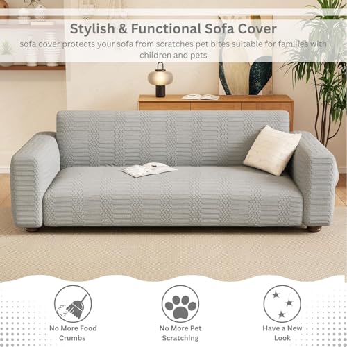 Image of Lukzer 1 Seater Pastel Light Grey Dotted Stripe Pattern Sofa Cover | 240 GSM Universal Stretch Fit Jacquard Fabric Couch Protector | Fully Covered Anti Slip & Washable Sofa Cover (SC-067-01 /90-140cm)