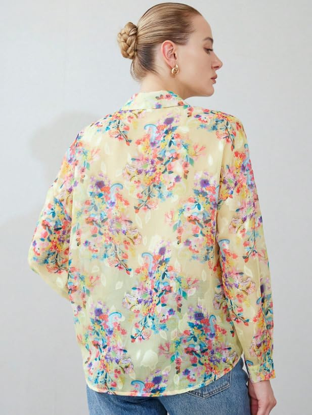 Image of Women Shirt || Women Top ||Floral Print Polo Collar Shirt, Casual Long Sleeve (S-26-28)