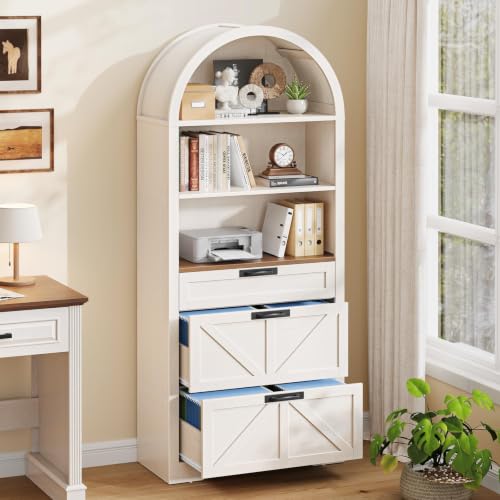 Image of Vabches 71 inch Tall Arched Bookcase with File Cabinet Drawers, Rustic White | Farmhouse Freestanding Wooden Bookshelf, 3-Tier Large Open Display Storage Shelves for Home Office Living Room
