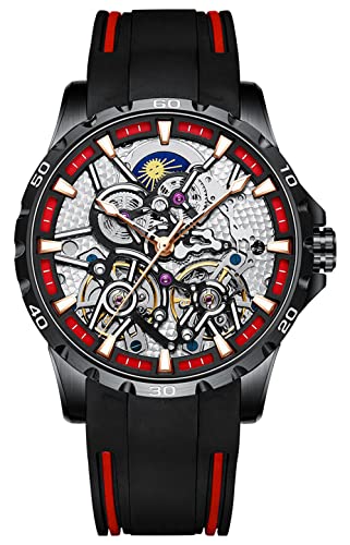 腕時計 メンズ スケルトン自動巻き デュアル 振り子車 高級機械式 夜光 防水 男性向け (ブラック レッド)