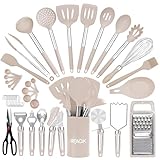 RFAQK Silicone Kitchen Utensils Set With Holder, 40PCs Heat Resistant Cooking Set for Nonstick Cookware, Kitchen Gadgets includes Can Opener, Potato Masher & Peeler, Tongs,spatulas,Pizza cutter Khaki…