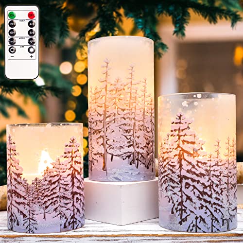 Image of Christmas Tree Flameless Candles with Remote Control & Timer Function, Real Wax Glass Candles, Home Party Wedding Holiday Xmas Decor, Set of 3