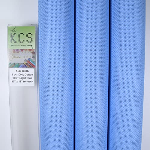 Image of KCS 3 pc of 15 inch x 18 inch Counted Cross Stitch Cotton Aida Cloth Needlework Rolled Fabric Box,14CT,Light Blue