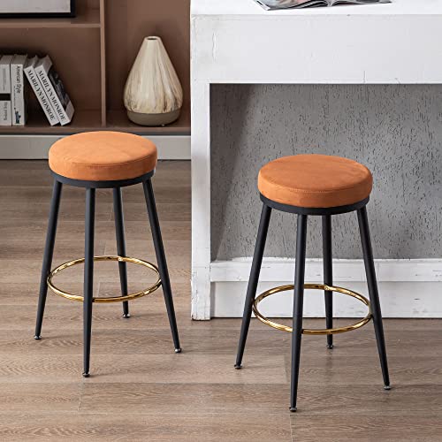 Dm Furniture 26" Counter Height Barstools Set Of 2 Suede Counter Stool Backless Modern Bar Chair With Black Legs/Gold Footrest For Kitchen Island/Cafe/Breakfast Bar, Orange #TOP2