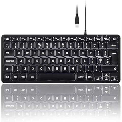 perixx PERIBOARD-332 Wired Mini Backlit USB Keyboard, Slim Design with Big Font Keys, White Illuminated LED, UK QWERTY Cover