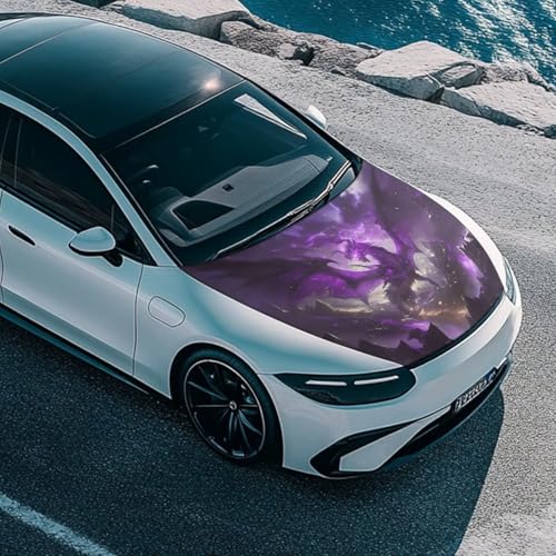 Image of Purple Dragon Print Car Hood Cover 59x39 Inch Stretchable Car Hood Wrap Blankets Auto Banner Waterproof Auto Exterior Accessories for Compact SUV Sedans Trucks
