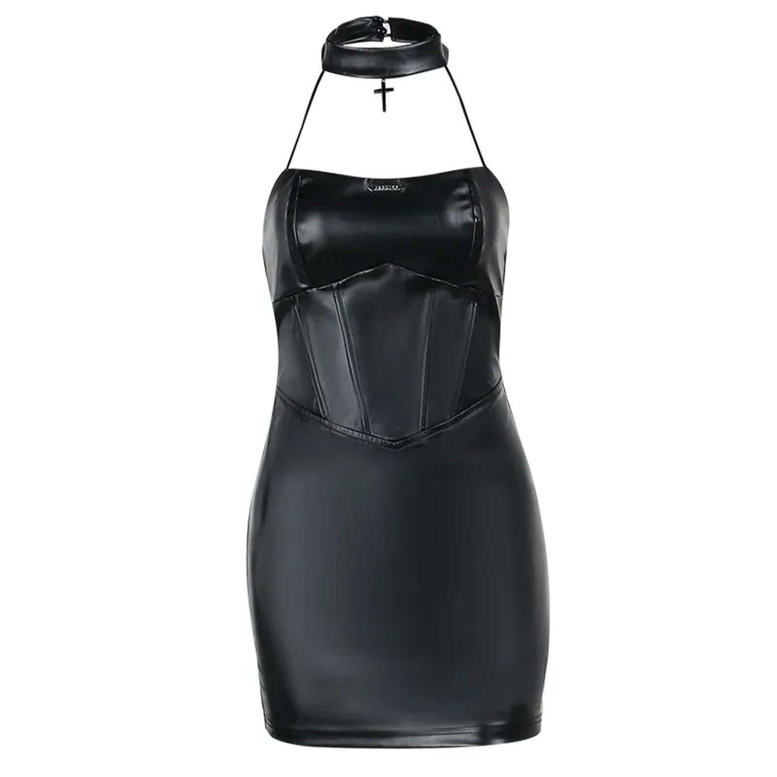 sexy gothic leather dress mingxinshangdian New Dark Gothic Style Fashion Hipster Hot Girl Material Hanging Neck Waist Herringbone Slim Goth dress-Black-S Fashion cute princess costume Structured Corset Design A Women's White Pleated Bodycon Size Options Dress + Apron:10 YEAR-12 YEAR (MAX BUST 30 IN)