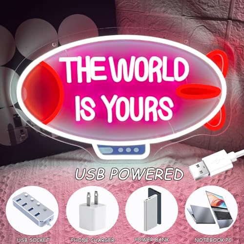 Image of The World Is Yours Neon Sign Blimp Neon Light for Wall Decor Dimmable Airship Led Light Up Signs for Bedroom Game Room Man Cave Boys Teens Room Bar Birthday Party Wedding Valentines Day