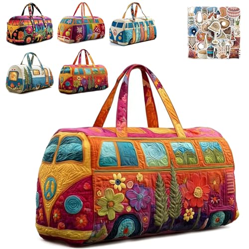 Unisex Boho Quilted Weekender Bag - Large Hippie Van Quilted Duffle Bag with 50 Pcs Boho Art Stickers - Lightweight Hippie Carry-on Luggage for Gym Yoga Weekend Trips (#A 16x8x8)
