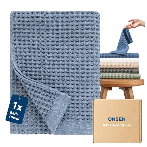 ONSEN Supima Waffle Bath Towel Large Quick Dry Lint Free 100% USA Cotton Lightweight Absorbent Bath Towel 31x57 in (Denim Blue 1x Bath Towel)