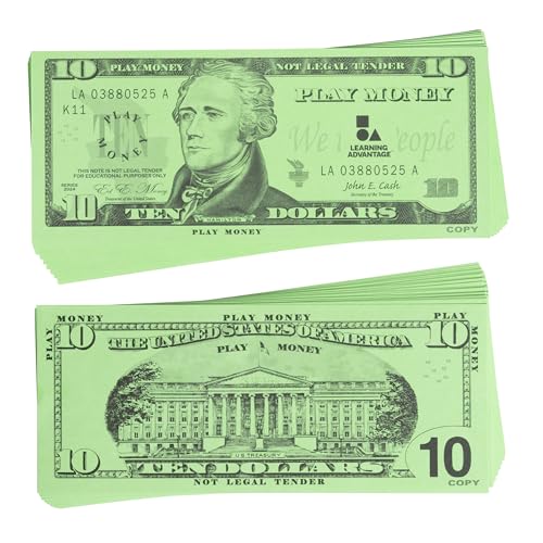 LEARNING ADVANTAGE Ten Dollar Play Bills - Set of 100 $10 Paper Bills - Designed and Sized Like Real US Currency - Teach Currency, Counting and Math with Play Money