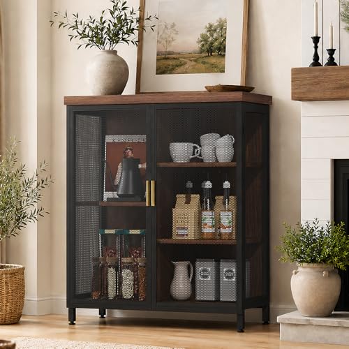 MILEFA Buffet Cabinet, Metal Mesh Storage Sideboard with Adjustable Shelves, Coffee...