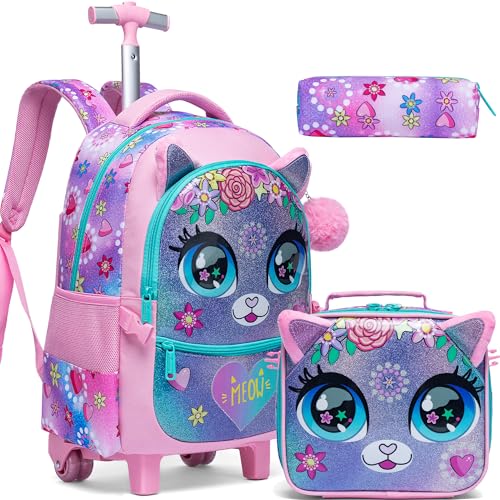 Meetbelify Kit Mochila Infantil Escolar Mochila para meninas Mochila com rodas Crianças bonito Mochila (13 O gato)