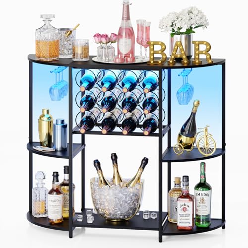 JKsmart Wine Bar Cabinet with LED Lights, Mini Wine Bar Cart with Storage and Glass Holder, Home Bar Coffee Bar for Liquor, 3-Tier Bar Table for Kitchen, Dining Room, Living Room, Black