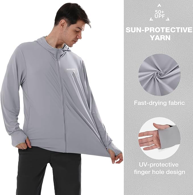Image of Alexvyan XL Grey Full Length Men's UV Protection Jacket With 4 Pocket, Lightweight Summer Sun Screen Hoodie, UPF 50+ Protection for Outdoors, Long Full Zipper Sun Protection Jacket- FIT 70-90 KG