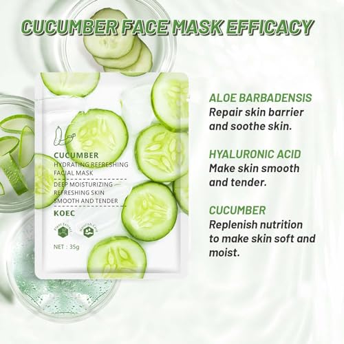 Cucumber Face Mask, 5pc Hydrating Face Masks, Hyaluronic Acid Anti Aging Soothing Brightening Skin Face Sheet Masks,Replenish Moisture Skin Brightening Skin Barrier Repair Moisturising Face Mask - Image 3