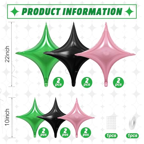Image of Pink Green Black Star Balloons,12Pcs Four Angle Star Foil Balloons