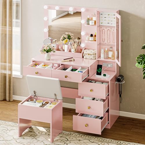 Image of Vanity Desk with Mirror and Lights, Pink Makeup Vanity with 5 Drawers Hidden Jewelry Organizer& LED Glass Cabinet,3 Light Mode and Brightness Adjusted,Vanity Mirror with Lights Desk and Chair