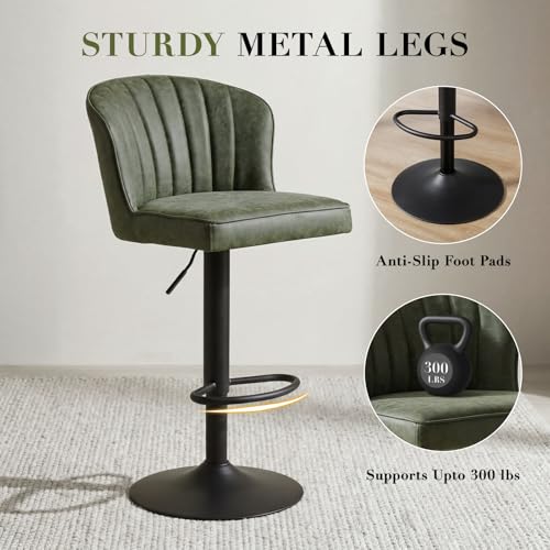 Image of EALSON Swivel Counter Height Bar Stools Set of 2 Modern Adjustable Bar Chairs with Back Leather Upholstered Barstools with Metal Base Comfortable Island Chairs for Kitchen Counter /Pub, Green