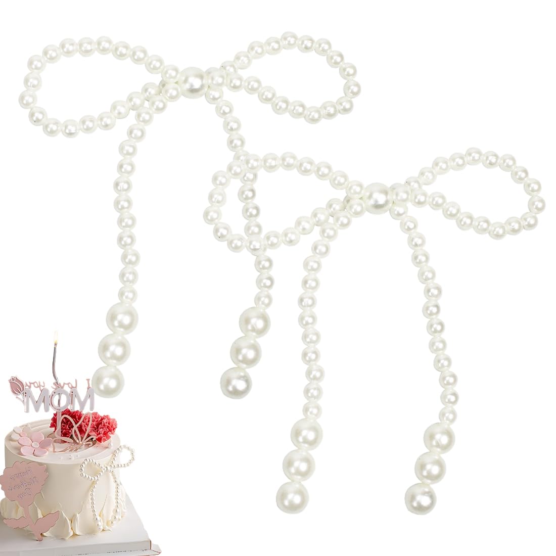 10 Pezzi - Decorazioni per torta con fiocchi e perle bianche, set