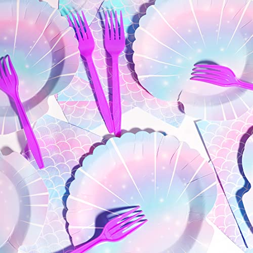 Image of ZOIIWA 96 Pieces Mermaids Themed Party Decorations Mini Under the Sea Tableware for Girls Clam Shell Dessert Plates Napkins Forks for 24 Guests Birthday Party Favors