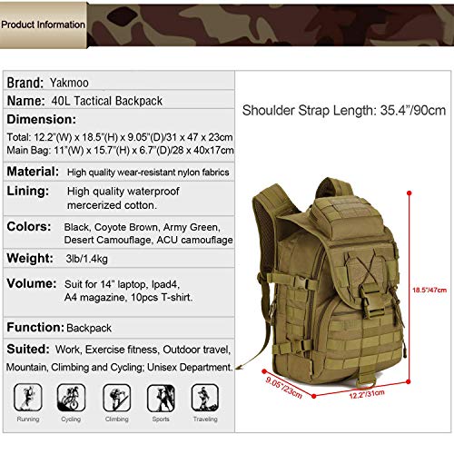 Yakmoo Multifunctional Waterproof Backpack Tactical Military Style Daypack MOLLE System School Bag 40L for Outdoors - Image 4