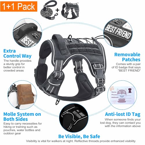 Image of Beebiepet Heavy Duty Tactical Dog Harness for Small Dogs, No Pull Adjustable Pet Harness Reflective Service Training Easy Control Pet Vest Military K9 Working Dog Harnesses-X- Large, Black