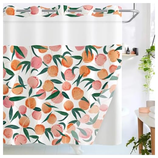 Lifeel No Hook Shower Curtain with Snap in Liner, Peach Allover Fruits Cute Curtains Set with Waterproof Inner Liner for Bathroom, Peachy Pink 72×74 Inches
