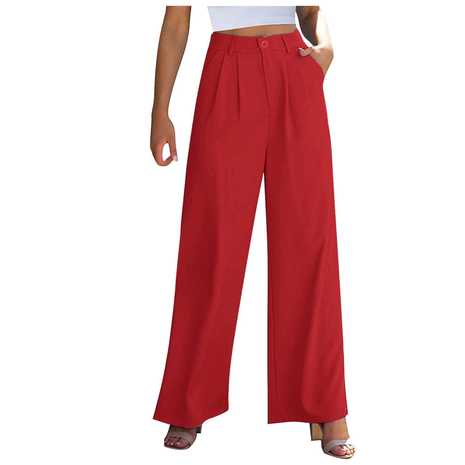 Womens Dress Pants Work Casual Elastic High Waisted Lounge Wide Leg Pants Loose Comfy Business Office Trousers Pocket
