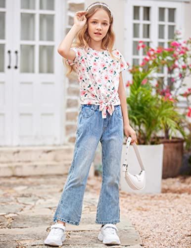 Arshiner Girls Loose Short Sleeve Tops Kids Round Neck Hem Tie Strap Tees Cute Floral Print Blouse Size 9-10 Years #TOP5