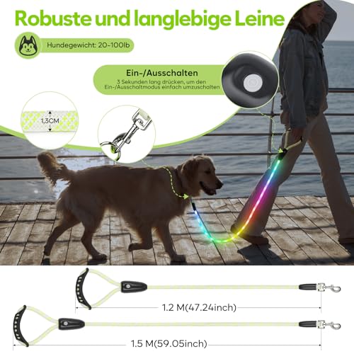 Sugiifamy LED Hundeleine, Wiederaufladbar Hundeleine für große, mittelgroße und kleine Hunde, 13 Beleuchtungsmodi mit Silikongriff, Sicherheit beim nächtlichen Spazierengehen (1.2M)