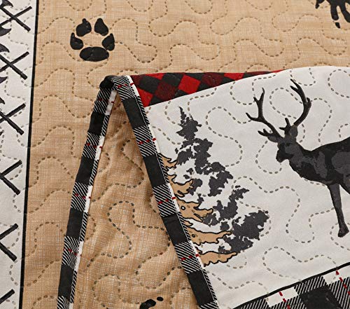 Rustic Quilt Bedding Set Queen Size Bedspread Coverlet Country Quilts Lodge Cabin Bedding Black White Buffalo Plaid Quilts Forest Elk Moose Lightweight Reversible Quilt Bed Spread With 2 Pillow Shams #TOP5