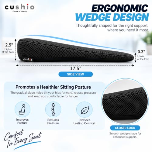 Image of CUSHIO Car Wedge Seat Cushion with Ergonomic Wedge Design, Car Seat Height Cushion for Long Drives, Relieves Hip Pain & Tailbone Pain, Coccyx Seat Cushion with Non-Slip Base (Black)