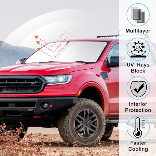 Image of Windshield Sun Shade Compatible with 2019-2024 2025 2026 Ford Ranger Accessories Custom Fit Sunshade Sun Visor Heat Protection Keep Car Interior Cool