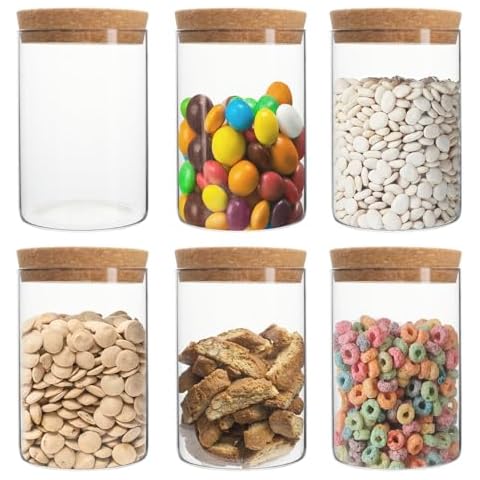 Borosilicate Glass Storage jar, with cork Lid 21oz Airtight Containers, Suitable for candy, beans, flour, tea, nuts, cereals, peppercorns, coffee, Kitchen Pantry Organization and Storage jar (6PCS) Cover