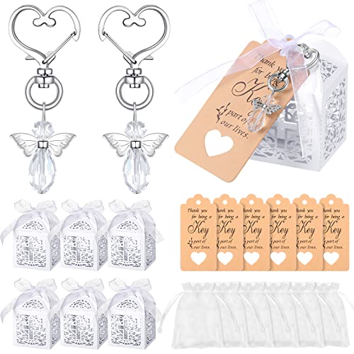 Fumete 100 Pieces Angel Keychains Favor Baptism Party Favors Baptism Favor Boxes White Organza Bags With Tags cover