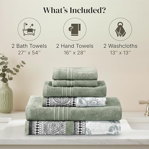 Image of Modern Threads 6 Piece Bath Towel Set - Bathroom Set with 2 Bath Towels, 2 Hand Towels, and 2 Wash Cloths - 100% Cotton, Super Absorbent & Extra Soft - Reversible Floral Trail (Sage Green)