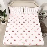 Feelyou Fruit Kids Pink Bedding Fitted Sheet Cherry Pattern Design Toddler Bedding Sheets Boys Girls Cute Kawaii Cherries Bed Sheet Set Girly Cute Bed Cover Bedroom Collection 2Pcs Twin Size