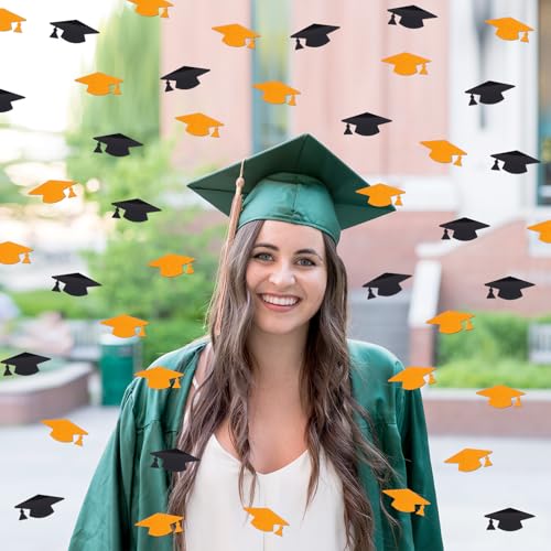 Image of Orange and Black Graduation Cap Confetti 2026, Class of 2026 Table Centerpiece Grad Confetti for 2026 Graduation Party Decorations Supplies