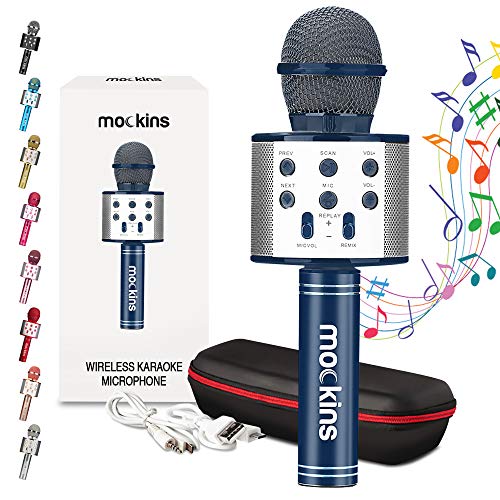 Mockins Navy Bluetooth Karaoke Microphone for Kids with Built in Bluetooth Speaker| Wireless Microphone Karaoke Compatible with iOS & Android| All-in-One Mic