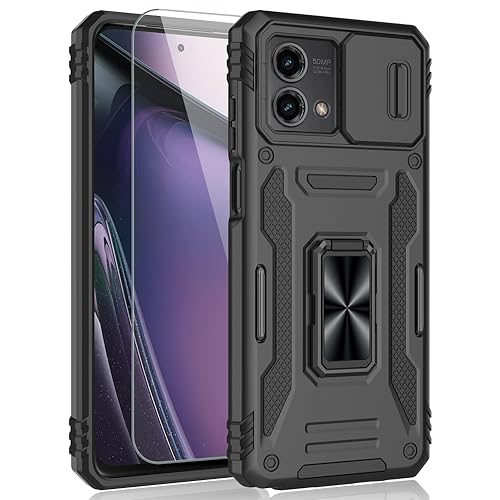 SYONER for Moto G Stylus 5G 2023 Case with Tempered Glass Screen Protector, Shockproof Phone Case & Sliding Camera Cover & Ring Holder Kickstand for Motorola Moto G Stylus 5G 2023 [Black]