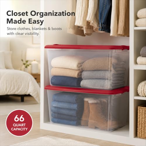 Image of Storage Bins 66 Qt Clear Latching Lid Stackable 6 Pack Red