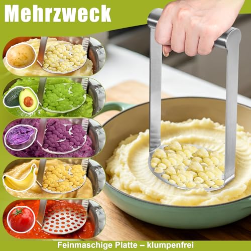 Foto von Kartoffelstampfer Edelstahl Mit Großem Griff - Aus Vollständig Lebensmittelechtem Edelstahl, Stampfer Küche Kartoffelpresse Spülmaschinengeeignet Für Kartoffelpüree, Gemüse, Obst, Marmelade Und Mehr