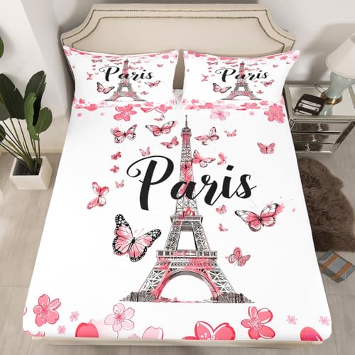Eiffel Tower Fitted Sheet Full Size Watercolor Cherry Blossom Bedding Set 3Pcs(No Flat Sheet) Wild Butterfly Animal Bed Sheet for Girls Teens Room Decor Paris Romantic Deep Pocket Sheet
