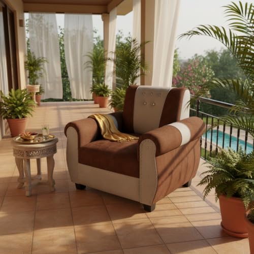 Image of APRODZ Modern Sofa Set Single Seater Velvet Upholstered Sofa with Tufted Backrest Cushioned Seating Tipped Wooden Legs Couch for Living Room & Lounge (Beige /Brown)