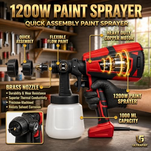 Image of Ultra Fist Gold 1200W HVLP Electric Paint Sprayer, Red, with 1000ml Container, 3 Nozzles, Brass Nozzle, Adjustable Flow Control, for Walls, Furniture & Fences