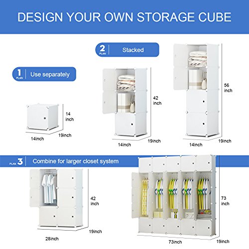 KOUSI Portable Wardrobe Closets 14\"x18\" Depth Cube Storage, Bedroom Armoire, Storage Organizer with Doors, 25 Cube, White